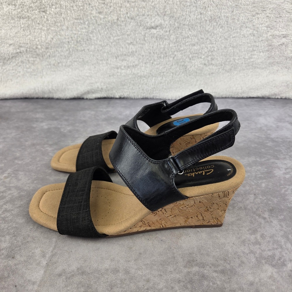 Clarks Collection Black Cork Wedge Sandals Ultimate Comfort Strappy Women 10